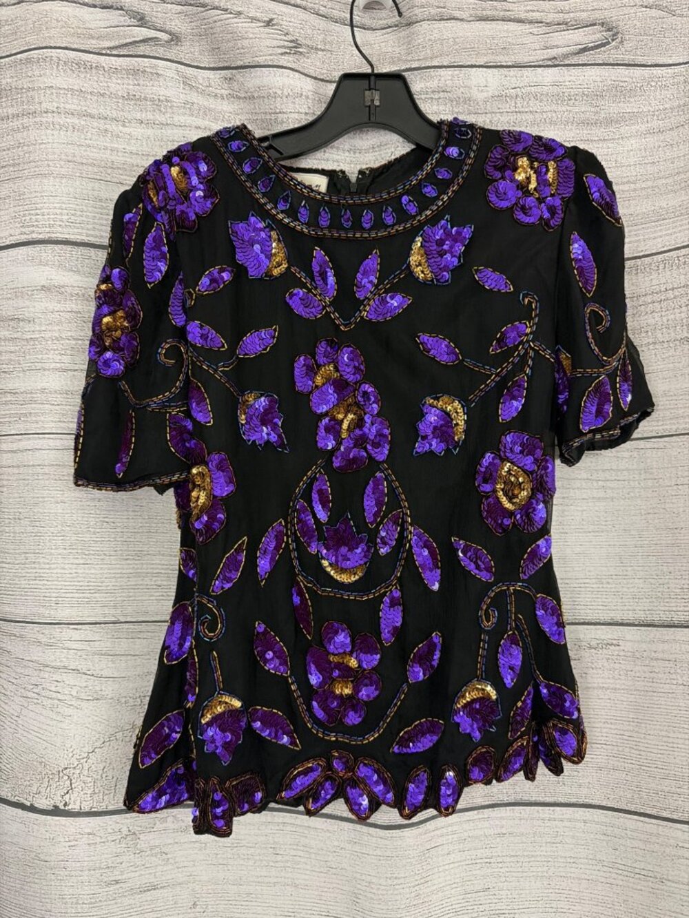 Stenay Purple Sequin Beaded Short Sleeve Blouse Top Size M